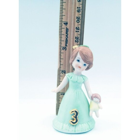 Enesco Birthday Girl Age 3 Brunette Green Dress Bisque Porcelain 1982 3.25" - Picture 2 of 15